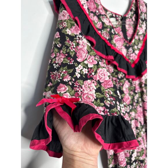 1980s Malumi Hawaii Floral Prairie Dress Pink Roses Ruffle Trim Size Large - Picture 9 of 14